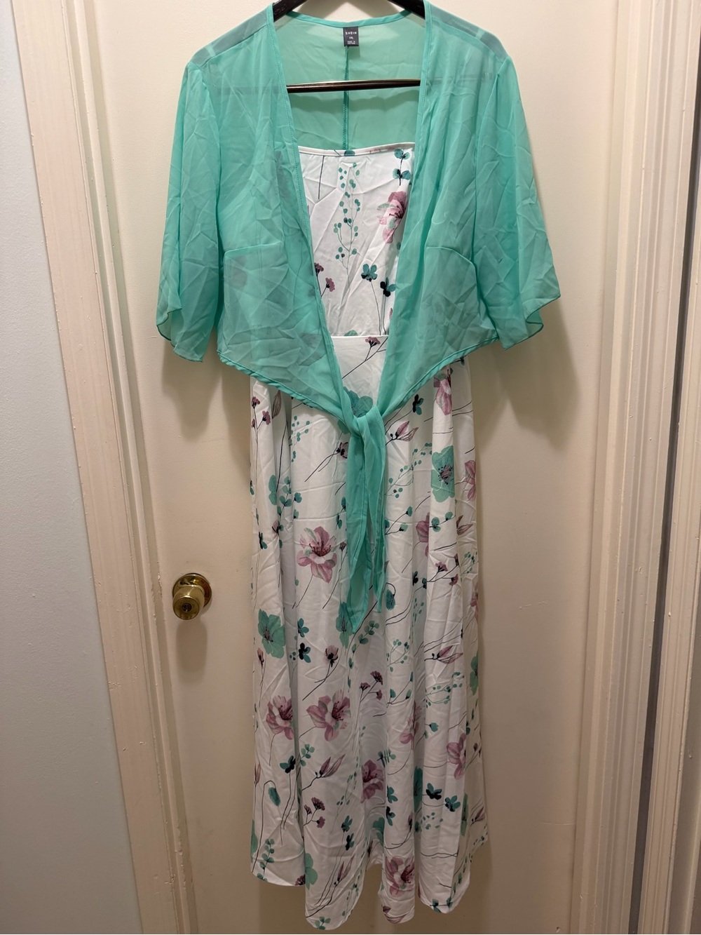 SHEIN White Floral Maxi Dress With Sheer Aqua Shrug